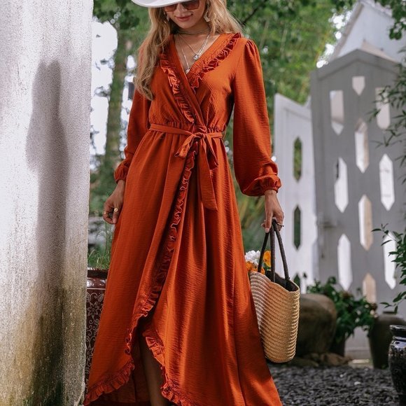 Burnt Orange Boho Womens Ruffle Trim Wrap Belted Dress - Picture 4 of 5